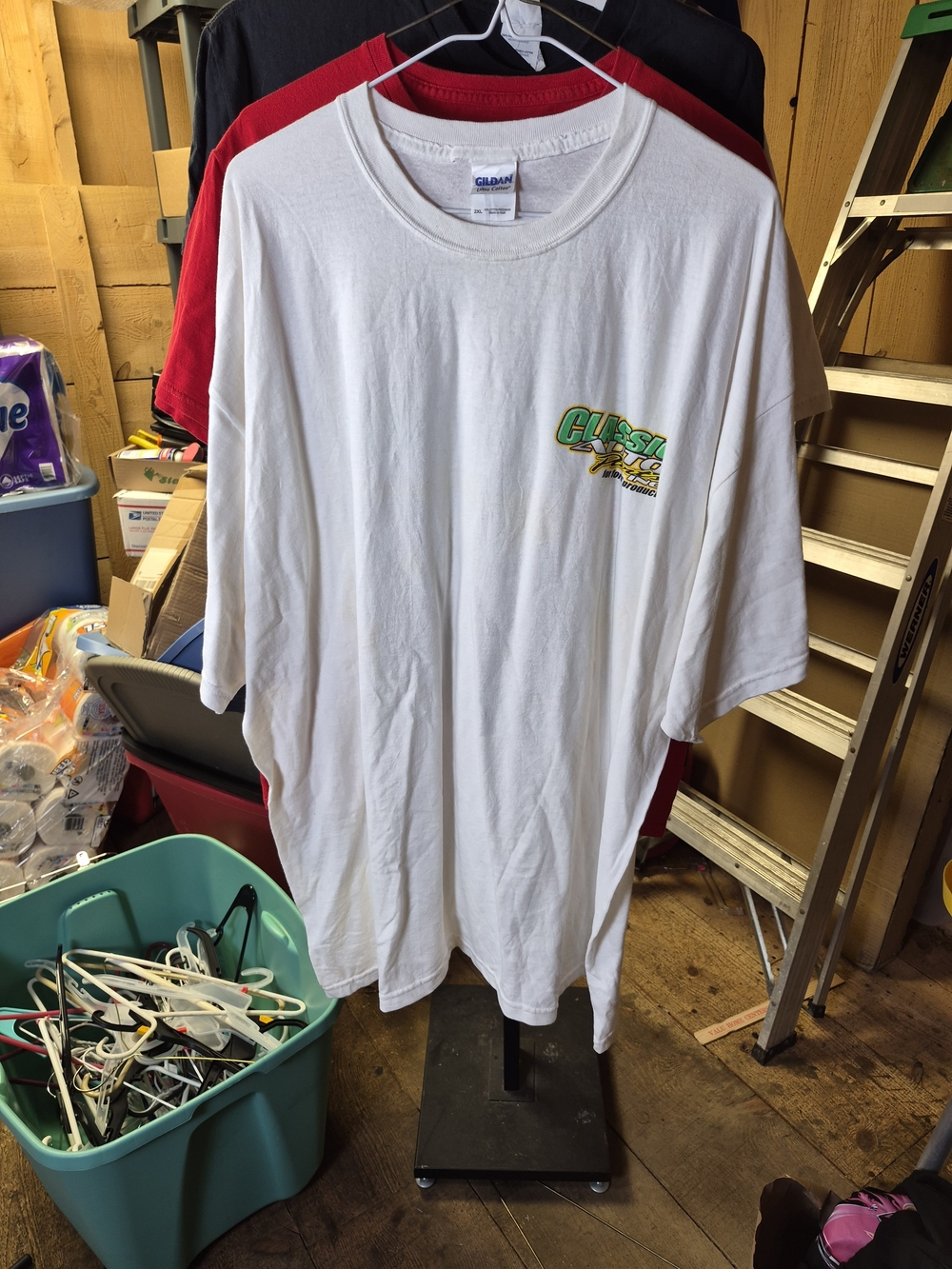 Gildan White Short Sleeve Tee with Green and Yellow Racing Chest Logo Bin 63